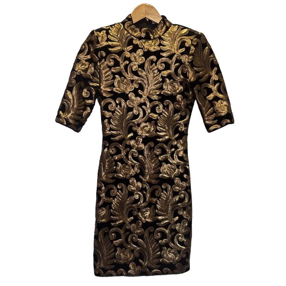 Alice + Olivia Inka Sequin Party Dress Black Velvet Gold Size 4 Party NYE - Picture 2 of 9